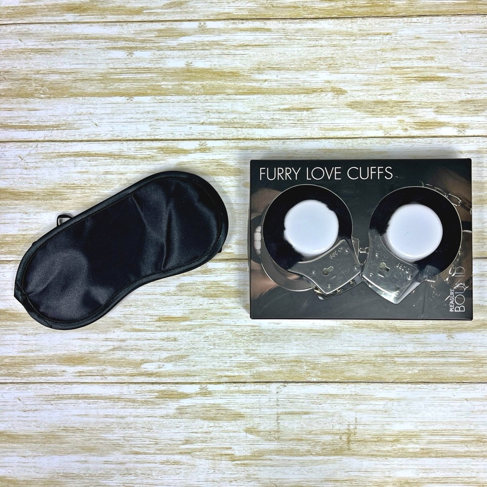 NWT Pleasure Bound Furry Love Cuffs and Pipedream Satin Blindfold Eye Mask Black